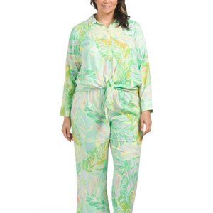 NEW SUNNY LEIGH Plus rayon Linen Blend Tie Front Top Green/Blue Multi 261tn